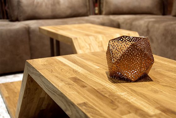 Стол журнальный "Арт" фигурный массив дуба, металл 4