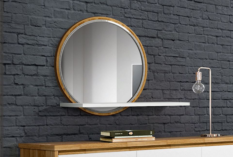 Зеркало настенное с полкой "Уоллстрит" (круглое); к-бейц-масло, п-белый