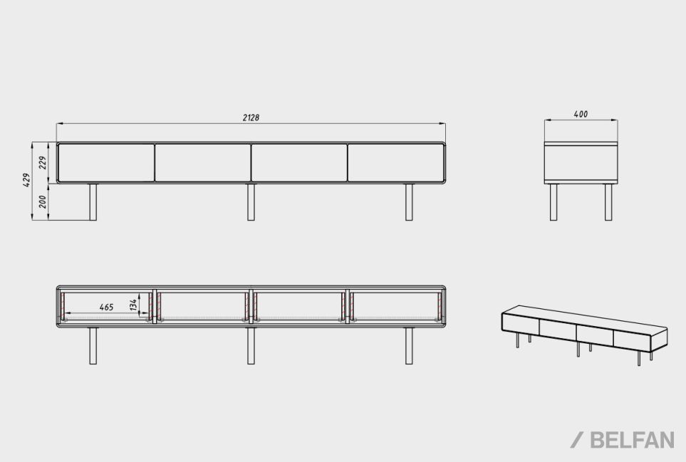 Тумба под ТВ низкая "Норман" 4 массив дуба, МДФ, металл 2