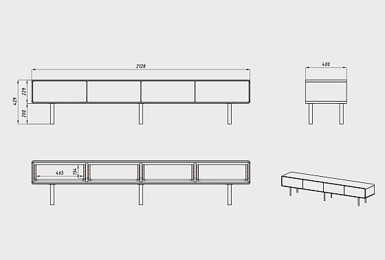 Тумба под ТВ низкая "Норман" 4 массив дуба, МДФ, металл 5