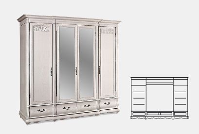 Шкаф для одежды "Тэфи" 4-х дв. с зеркалом; *ММ-216-01/04; белая эмаль с темной патиной; чернёное серебро