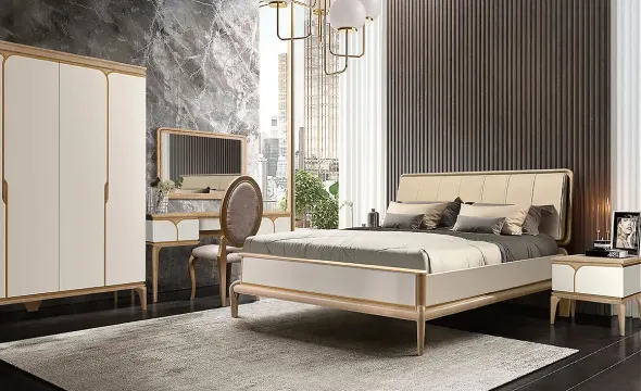 Спальня «Алекса» #2. Цвет: айвори+жемчужный дуб, золотая патина Спальня «Алекса» #2