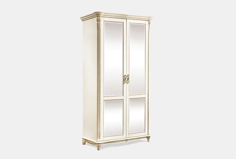Шкаф 2-х дв. "Алези" с зеркалом; с полками; слоновая кость с золочением