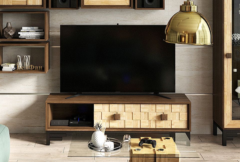 Тумба под ТВ "Куб Дизайн" 3; фасад "шашки"; ящик справа; графит, бейц-масло