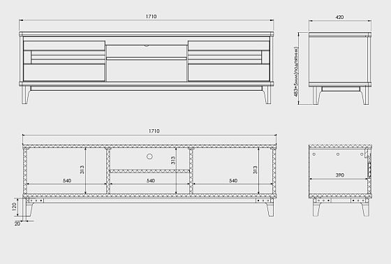 Тумба под ТВ "Уоллстрит" 170 (с нишей) массив дуба, МДФ 9
