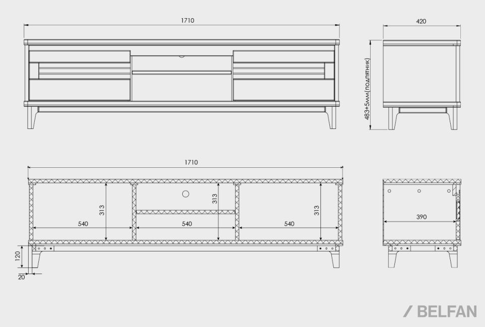 Тумба под ТВ "Уоллстрит" 170 (с нишей) массив дуба, МДФ 3