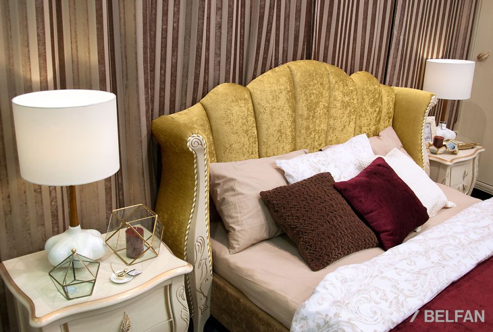 Кровать с мягким изголовьем (осн. ткань) "Трио" массив и шпон дуба 2