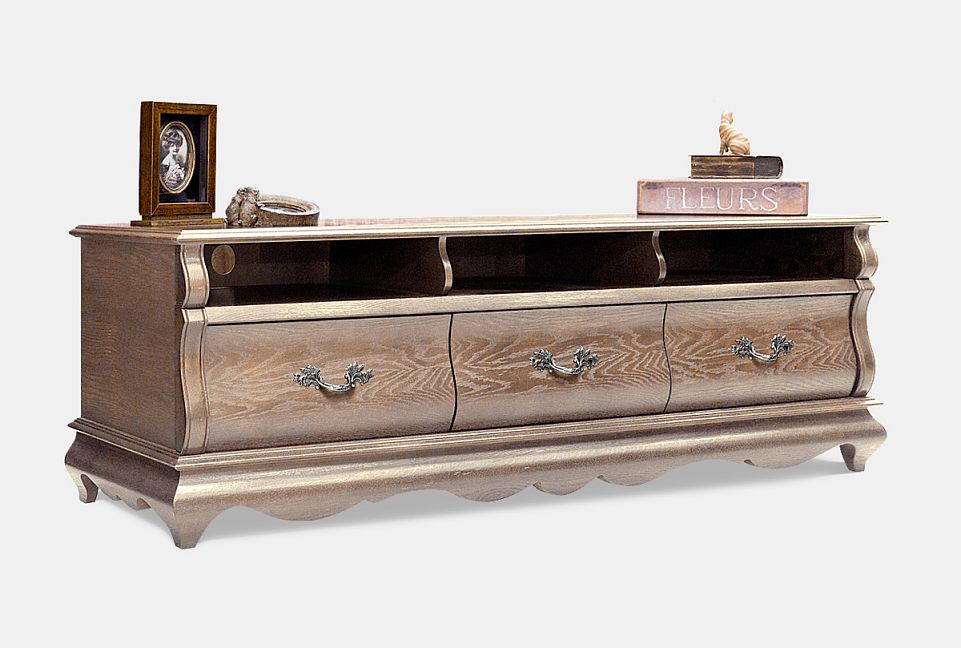 Тумба под ТВ "Тэфи"; белая эмаль с темной патиной; чернёное серебро