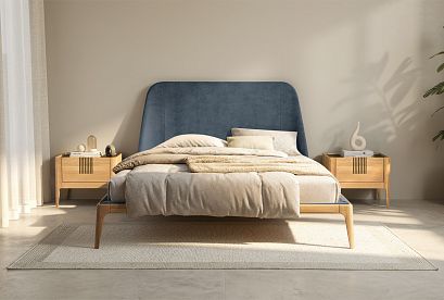 Кровать "Бергамо" (мягкое изголовье); без основания, без матраса; (1600x2000); дуб натуральный; Infinity 12 Smoke Blue