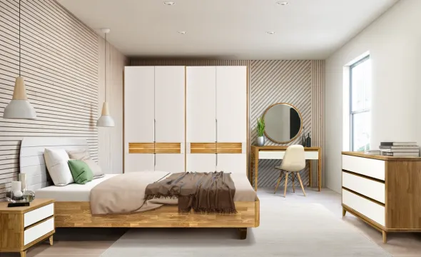 Спальня «Уоллстрит» #1. Цвет: к-бейц-масло, ф-белый, вст-бейц-масло Спальня «Уоллстрит» #1