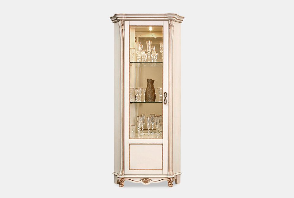 Шкаф с витриной угловой "Алези 10" (левый); слоновая кость с золочением