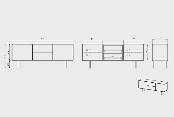 Тумба под ТВ высокая "Норман" 3 (с ящиками) массив дуба, МДФ, металл 7