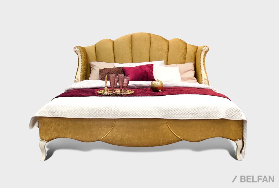 Кровать с мягким изголовьем (осн. ткань) "Трио" массив и шпон дуба 1