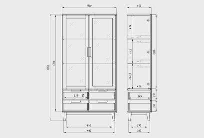 Шкаф с витриной 2-х дверный "Ирвинг"; 4 ящика; бейц-масло