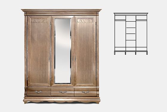 Шкаф для одежды "Тэфи" 3-х дв. с зеркалом массив и шпон дуба 6