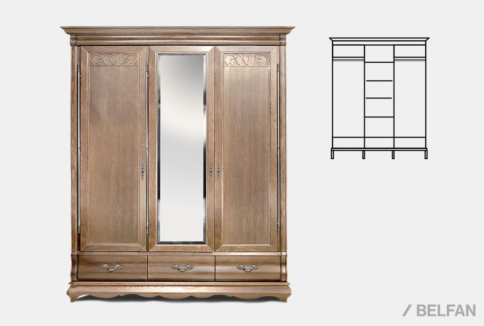 Шкаф для одежды "Тэфи" 3-х дв. с зеркалом массив и шпон дуба 3