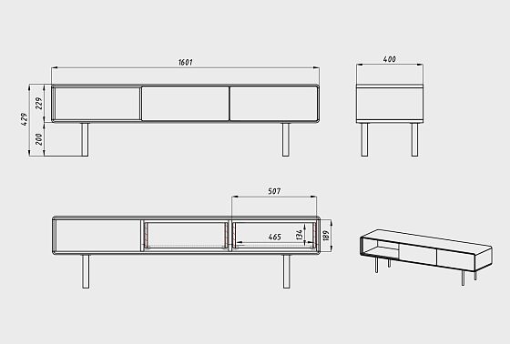 Тумба под ТВ низкая "Норман" 3 с нишей (левая) массив дуба, МДФ, металл 6