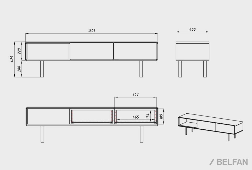 Тумба под ТВ низкая "Норман" 3 с нишей (левая) массив дуба, МДФ, металл 2
