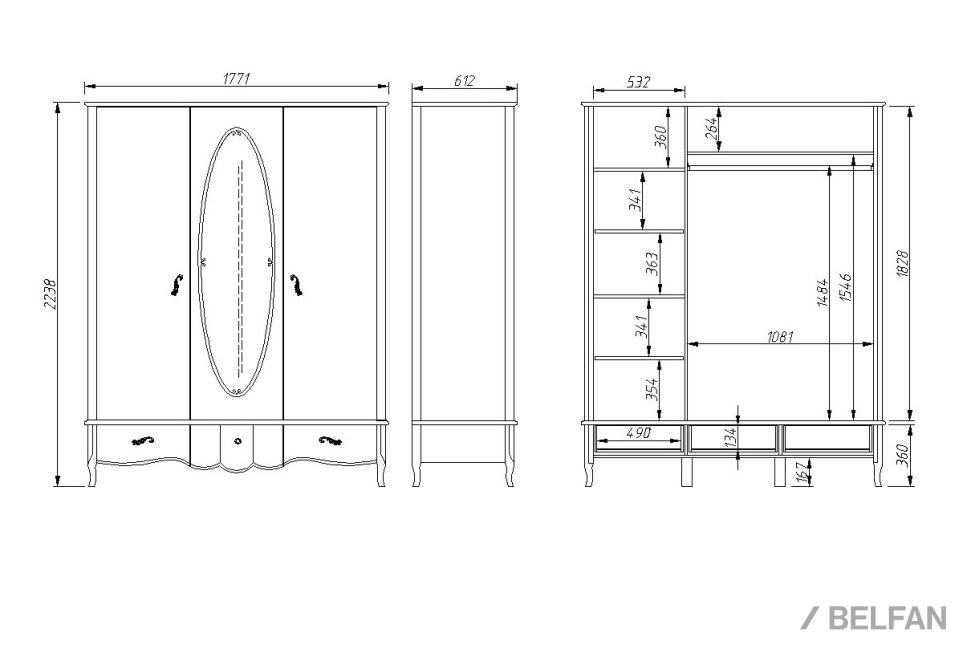 Шкаф для одежды "Катрин" 3-х дв. с зеркалом массив и шпон дуба 2