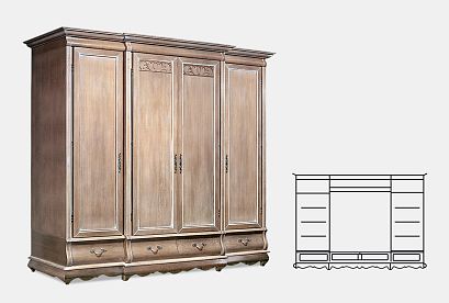 Шкаф для одежды "Тэфи" 4-х дв. без зеркала; *ММ-216-01/04Б; амбэр с белой патиной