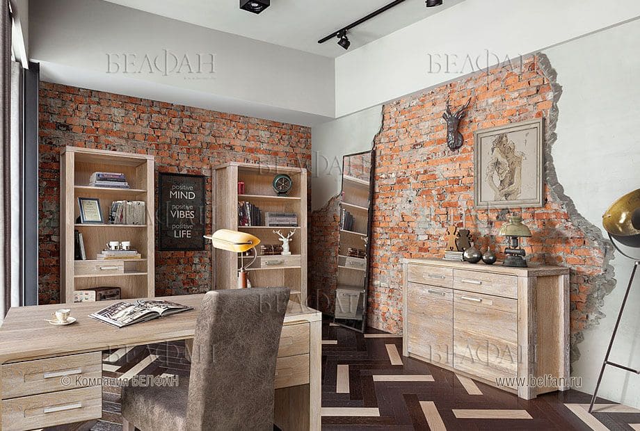 Кабинет в светлых тонах - с кирпичной кладкой Кабинет в светлых тонах