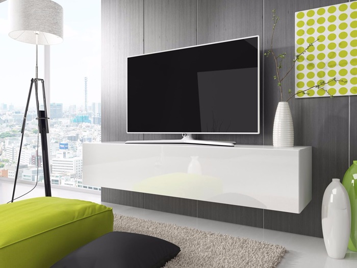 Подвесная белая тумба под телевизор: тонкости эксплуатации и ухода Подвесная белая тумба под телевизор: тонкости эксплуатации и ухода